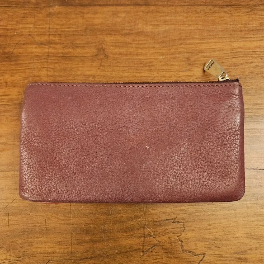 Fossil Preston Snap Bi-fold Pebbled Leather Wallet Pink Purple Card Slots Zipper